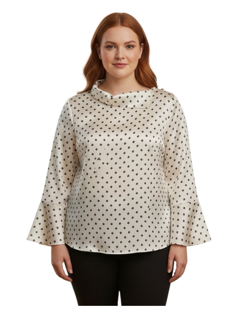 Vince Camuto Cream Satin Blouse with Black Diamond Print - Picture 1 of 8